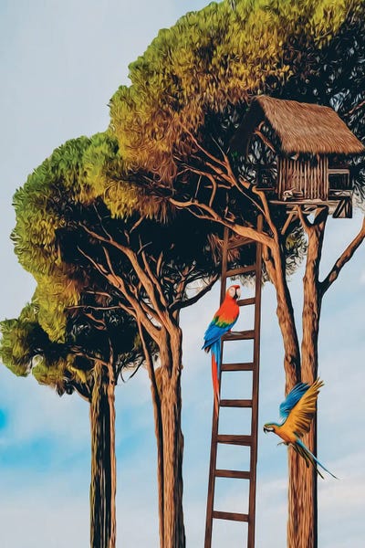 Ievgeniia Bidiuk: Parrots And The Tree House by Ievgeniia Bidiuk