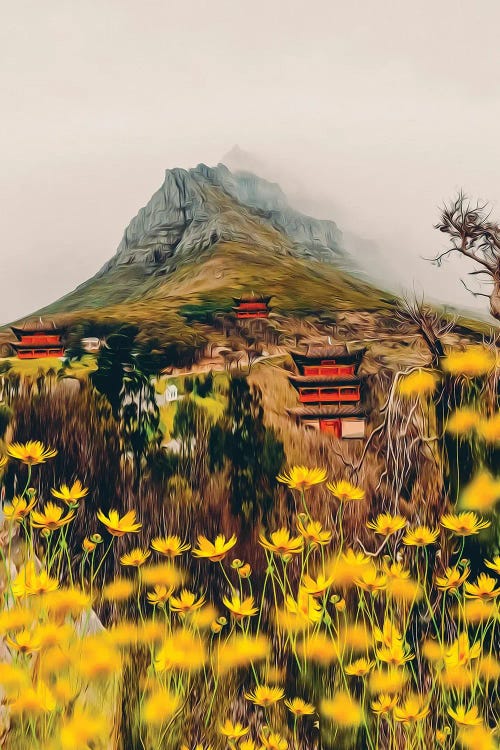 A Glade Of Yellow Flowers In The Background Of A Small Village In Asia