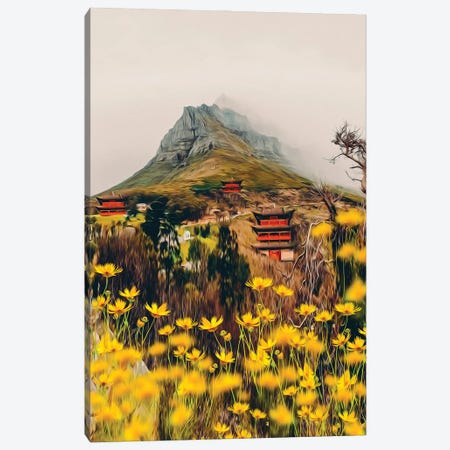 A Glade Of Yellow Flowers In The Background Of A Small Village In Asia Canvas Print #IVG545} by Ievgeniia Bidiuk Canvas Artwork