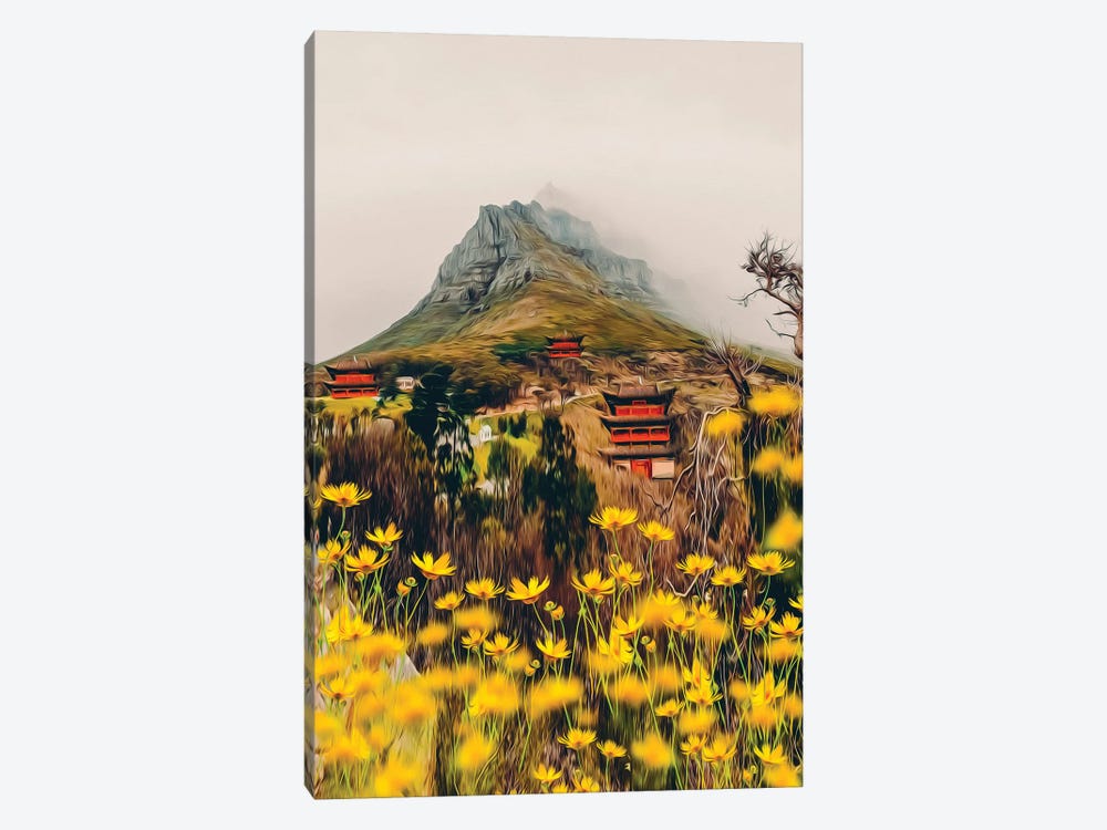 A Glade Of Yellow Flowers In The Background Of A Small Village In Asia by Ievgeniia Bidiuk 1-piece Canvas Print