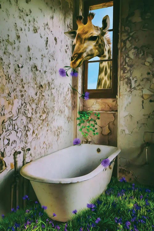 A Giraffe Eats Flowers In An Abandoned House