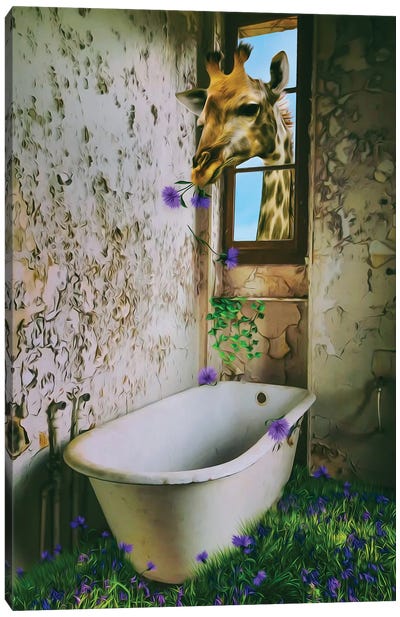 A Giraffe Eats Flowers In An Abandoned House Canvas Art Print - Reclaimed by Nature