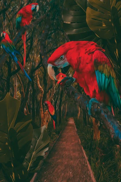 Ievgeniia Bidiuk: A Path In The Rainforest With Parrots by Ievgeniia Bidiuk