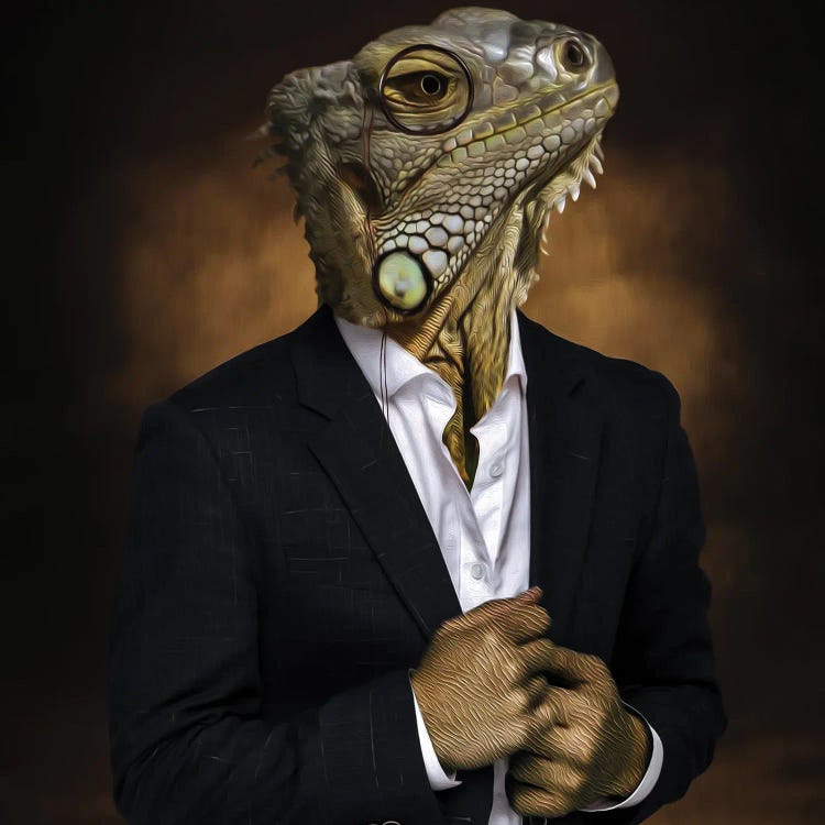 Portrait Of A Reptilian Man In Pince-Nez In Business Style