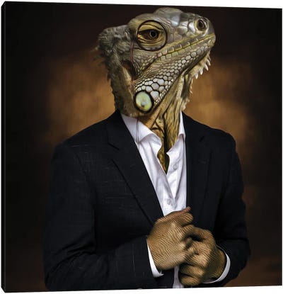Portrait Of A Reptilian Man In Pince-Nez In Business Style Canvas Art Print - Lizard Art