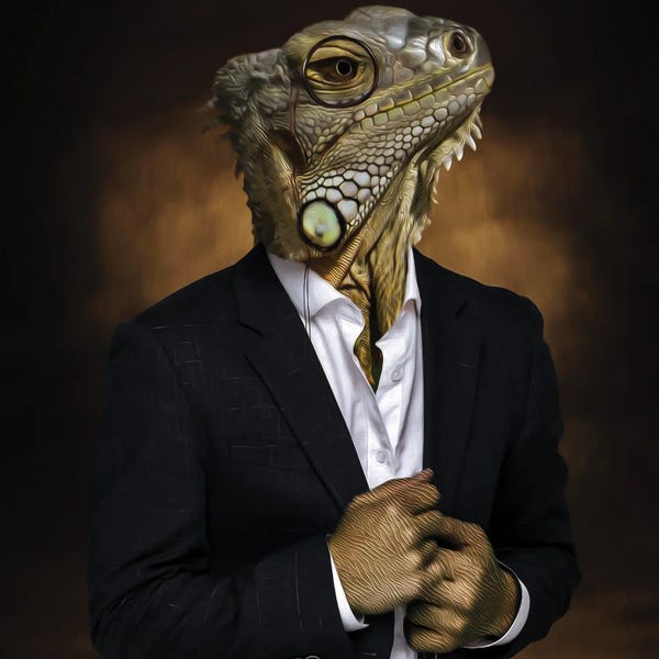 Ievgeniia Bidiuk: Portrait Of A Reptilian Man In Pince-Nez In Business Style by Ievgeniia Bidiuk