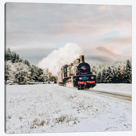 A Steam Locomotive In A Winter Forest Canvas Print #IVG554} by Ievgeniia Bidiuk Art Print