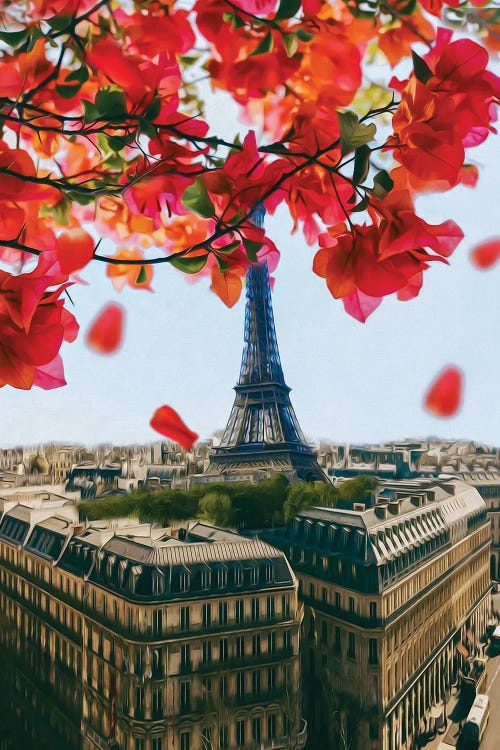 A Branch Of Flowering Bougainvillea Over Paris