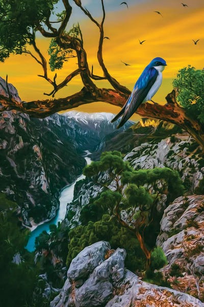 A Swallow On A Branch In A Mountainous Landscape by Ievgeniia Bidiuk framed canvas print