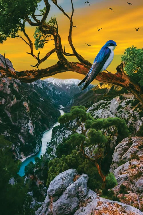 A Swallow On A Branch In A Mountainous Landscape