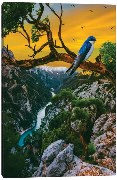A Swallow On A Branch In A Mountainous Landscape Canvas Art Print