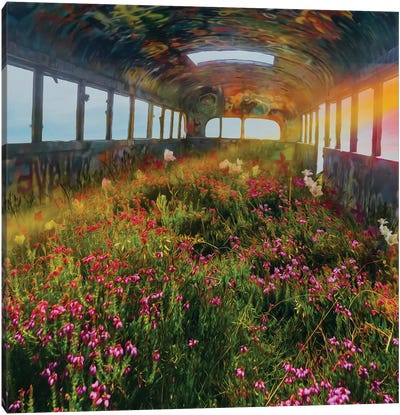 Wildflowers In An Old Abandoned Bus Canvas Art Print - Reclaimed by Nature