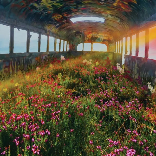 Ievgeniia Bidiuk: Wildflowers In An Old Abandoned Bus by Ievgeniia Bidiuk