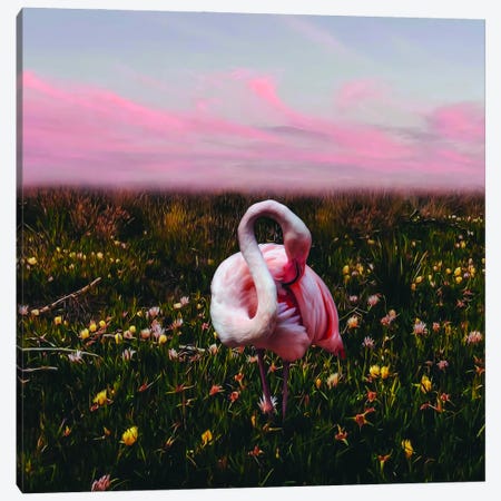 Flamingo In A Meadow With Flowers Canvas Print #IVG582} by Ievgeniia Bidiuk Canvas Art Print