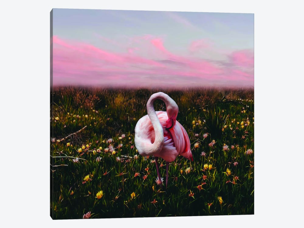 Flamingo In A Meadow With Flowers by Ievgeniia Bidiuk 1-piece Canvas Wall Art
