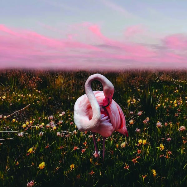 Ievgeniia Bidiuk: Flamingo In A Meadow With Flowers by Ievgeniia Bidiuk