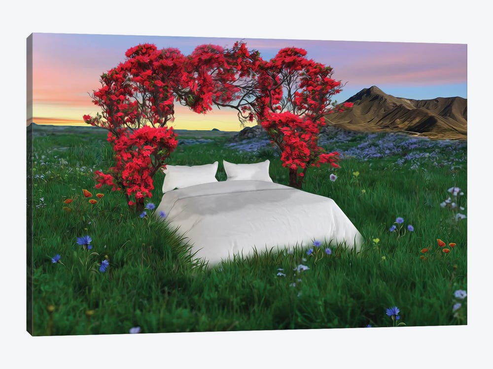 An Arch Of Roses Over A Bed In A Meadow by Ievgeniia Bidiuk 1-piece Canvas Print