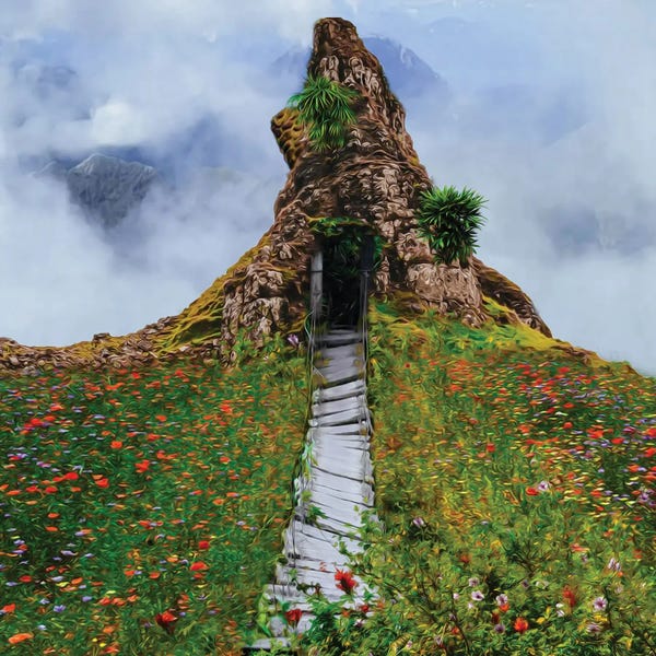Ievgeniia Bidiuk: A House At The Top Of A Mountain Hill by Ievgeniia Bidiuk