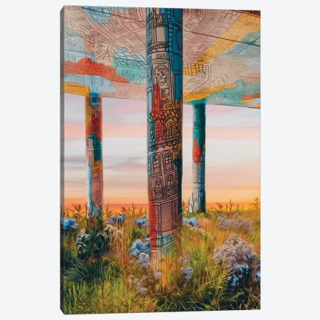 A Graffiti-Painted Building With Columns Overgrown With Wild Grass And Flowers Canvas Print #IVG590} by Ievgeniia Bidiuk Canvas Art