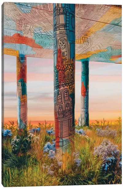 A Graffiti-Painted Building With Columns Overgrown With Wild Grass And Flowers Canvas Art Print - Column Art