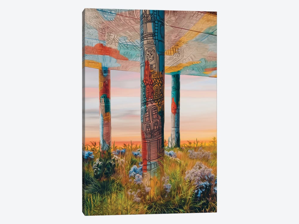 A Graffiti-Painted Building With Columns Overgrown With Wild Grass And Flowers by Ievgeniia Bidiuk 1-piece Canvas Print