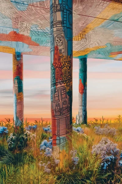 Reclaimed By Nature: A Graffiti-Painted Building With Columns Overgrown With Wild Grass And Flowers by Ievgeniia Bidiuk