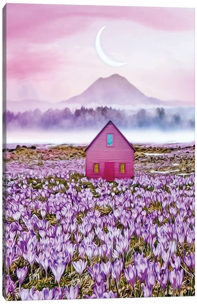 A Pink House In Blooming Crocuses Canvas Art Print - Sunset Shades