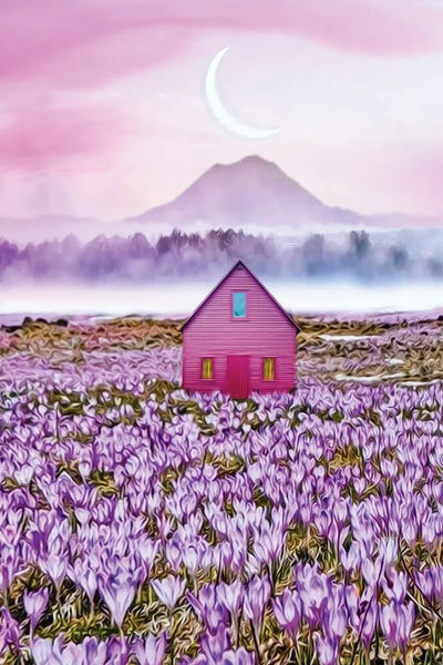 Ievgeniia Bidiuk: A Pink House In Blooming Crocuses by Ievgeniia Bidiuk