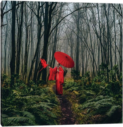 A Girl In A Red Kimono Feeds A Bird From Her Hand Canvas Art Print - Ievgeniia Bidiuk