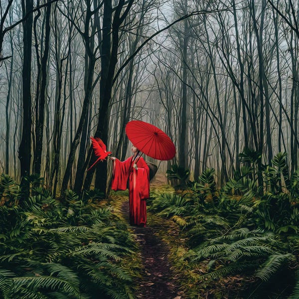 Ievgeniia Bidiuk: A Girl In A Red Kimono Feeds A Bird From Her Hand by Ievgeniia Bidiuk