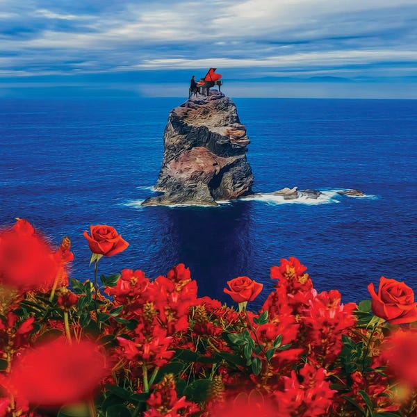 Ievgeniia Bidiuk: The Pianist At The Piano On A Rock In The Sea by Ievgeniia Bidiuk