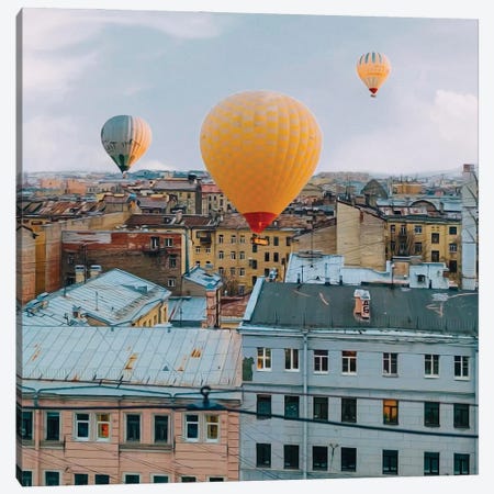 Balloons Flying Over The Old City In Europe Canvas Print #IVG601} by Ievgeniia Bidiuk Canvas Art