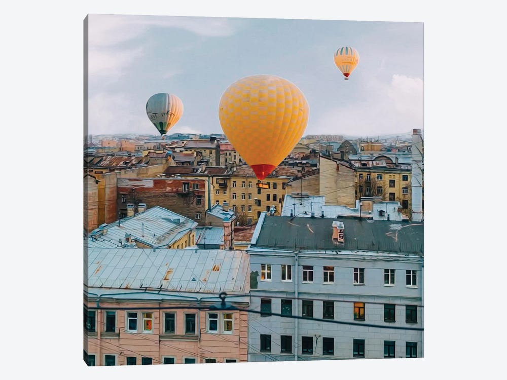Balloons Flying Over The Old City In Europe by Ievgeniia Bidiuk 1-piece Canvas Art Print