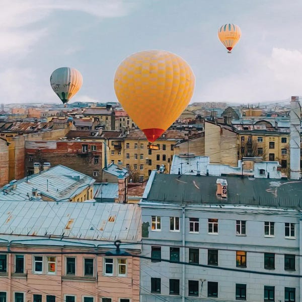 Ievgeniia Bidiuk: Balloons Flying Over The Old City In Europe by Ievgeniia Bidiuk