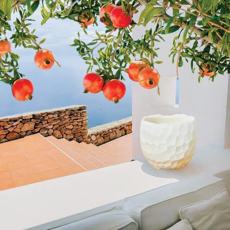 Ripe Branches With Pomegranate Fruit On The Background Of The House By The Sea