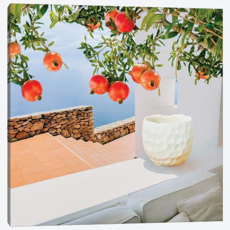 Ripe Branches With Pomegranate Fruit On The Background Of The House By The Sea Canvas Print #IVG605} by Ievgeniia Bidiuk Canvas Art Print