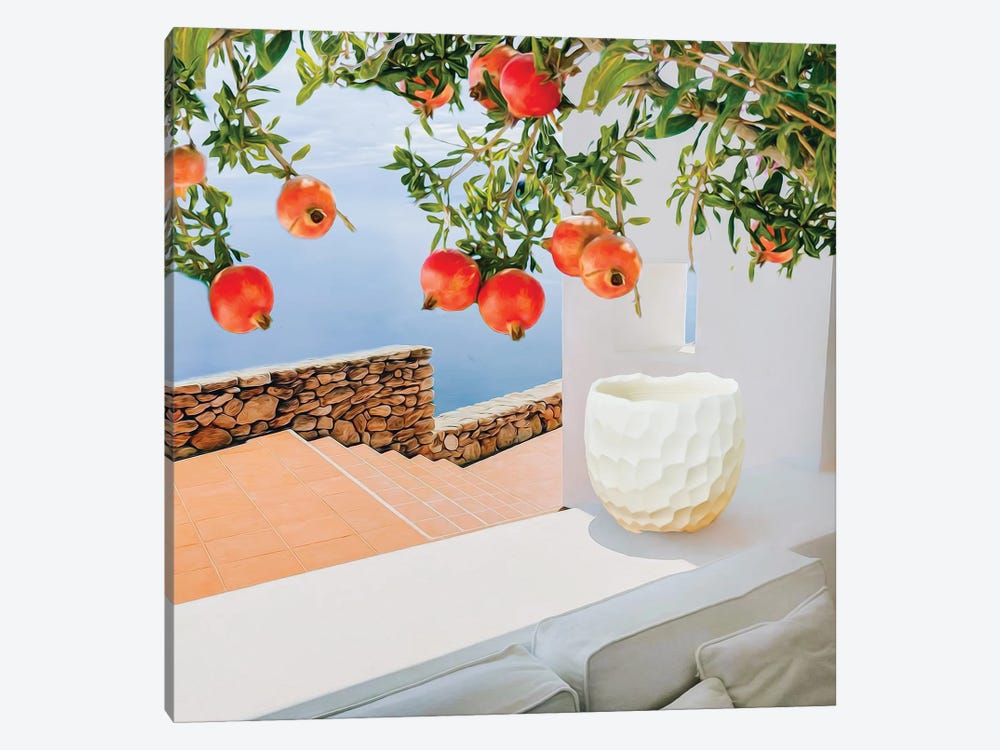 Ripe Branches With Pomegranate Fruit On The Background Of The House By The Sea by Ievgeniia Bidiuk 1-piece Canvas Print