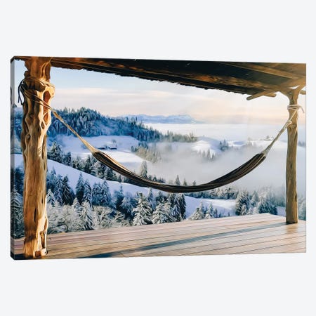 A Hammock Under A Wooden Canopy Overlooking The Winter Landscape Canvas Print #IVG606} by Ievgeniia Bidiuk Canvas Print