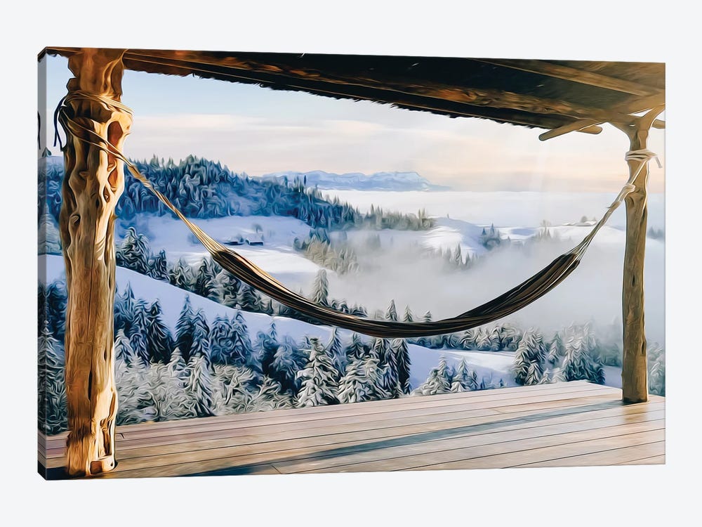 A Hammock Under A Wooden Canopy Overlooking The Winter Landscape by Ievgeniia Bidiuk 1-piece Canvas Art