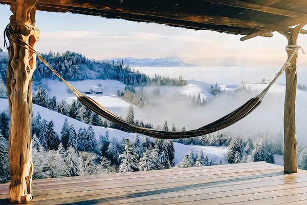 Ievgeniia Bidiuk: A Hammock Under A Wooden Canopy Overlooking The Winter Landscape by Ievgeniia Bidiuk