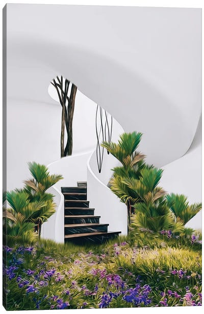 Flower Meadow And Tropical Plants In A House With Stairs Canvas Art Print - Virtual Escapism