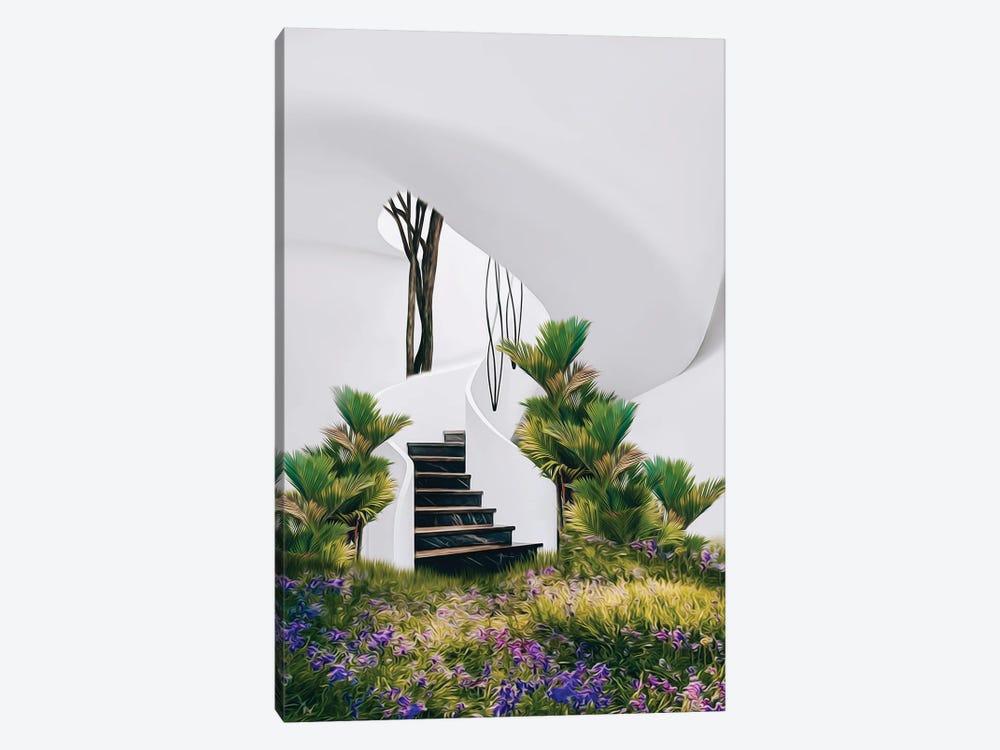 Flower Meadow And Tropical Plants In A House With Stairs by Ievgeniia Bidiuk 1-piece Canvas Print