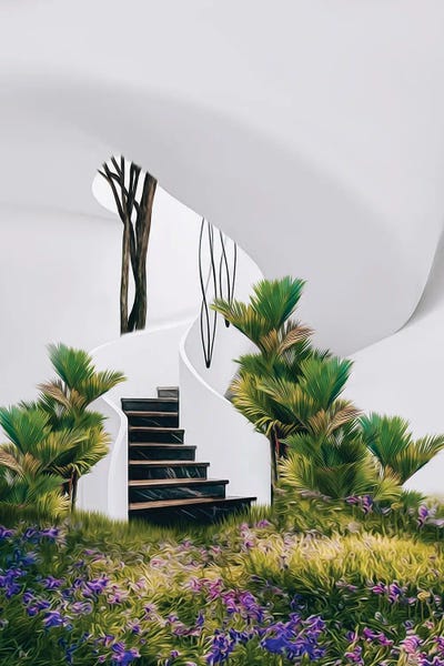 Ievgeniia Bidiuk: Flower Meadow And Tropical Plants In A House With Stairs by Ievgeniia Bidiuk