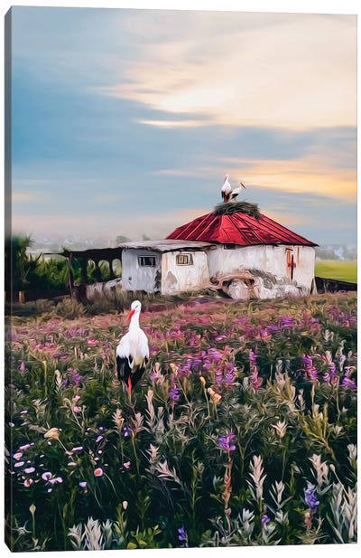 A Rustic Landscape With Storks And An Old House Canvas Art Print - Reclaimed by Nature