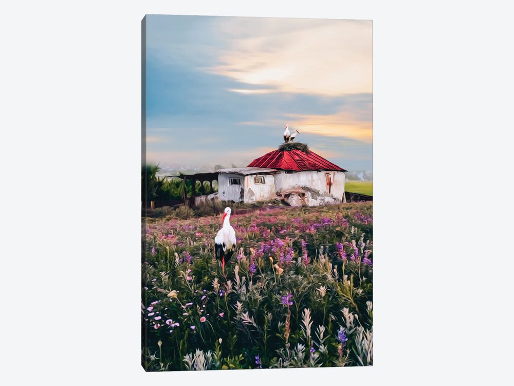 A Rustic Landscape With Storks And An Old House by Ievgeniia Bidiuk 1-piece Canvas Wall Art
