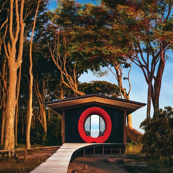 Ievgeniia Bidiuk: Wooden Gazebo Overlooking The Sea by Ievgeniia Bidiuk