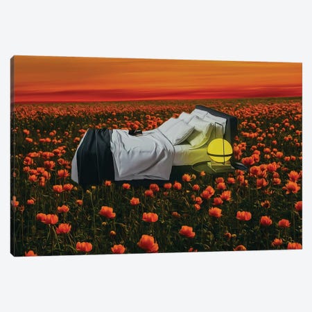 A Bed With A Bedside Table And A Lamp In A Field Of Flowering Trollius Canvas Print #IVG612} by Ievgeniia Bidiuk Canvas Art Print