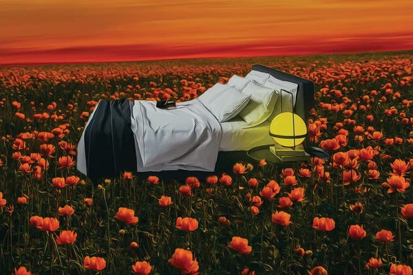 Ievgeniia Bidiuk: A Bed With A Bedside Table And A Lamp In A Field Of Flowering Trollius by Ievgeniia Bidiuk