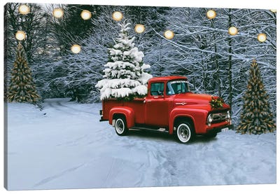 Red Trucks In The Christmas Woods Canvas Art Print - Farmhouse Christmas Décor