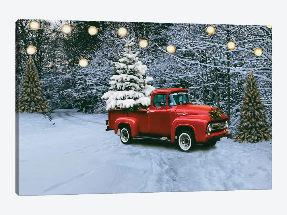Red Trucks In The Christmas Woods by Ievgeniia Bidiuk 1-piece Art Print
